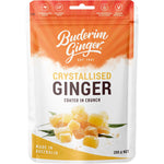 200g pack of Buderim Ginger Crystallised Ginger Coated in Crunch featuring golden ginger pieces and a green label.