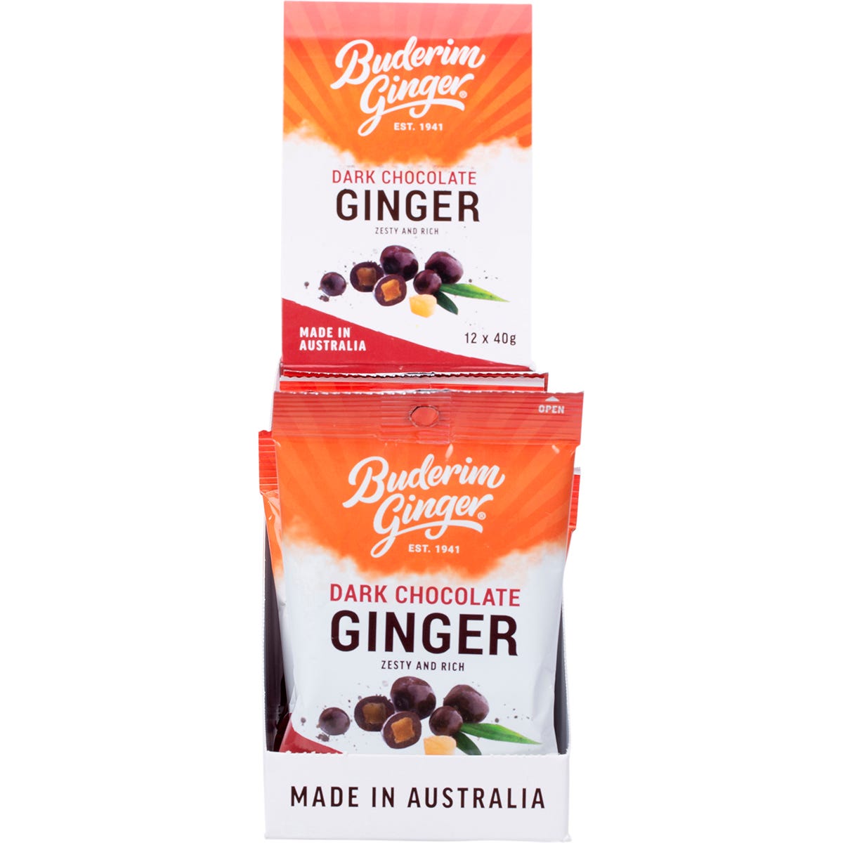 Back of Buderim Ginger Dark Chocolate 40g pack showing nutrition facts, ingredients, and company information.