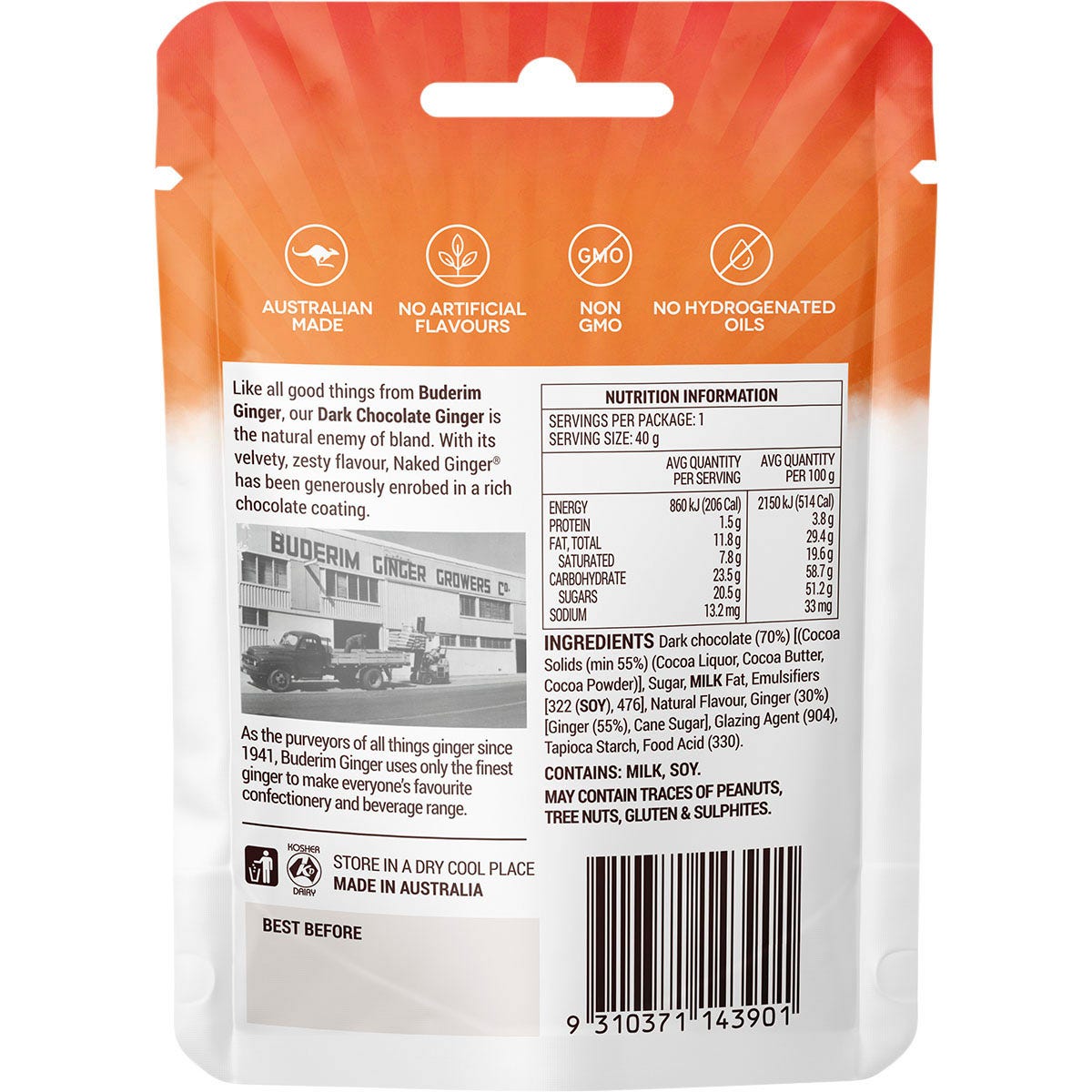 40g snack pack of Buderim Ginger Zesty and Rich Dark Chocolate Ginger on a white background.