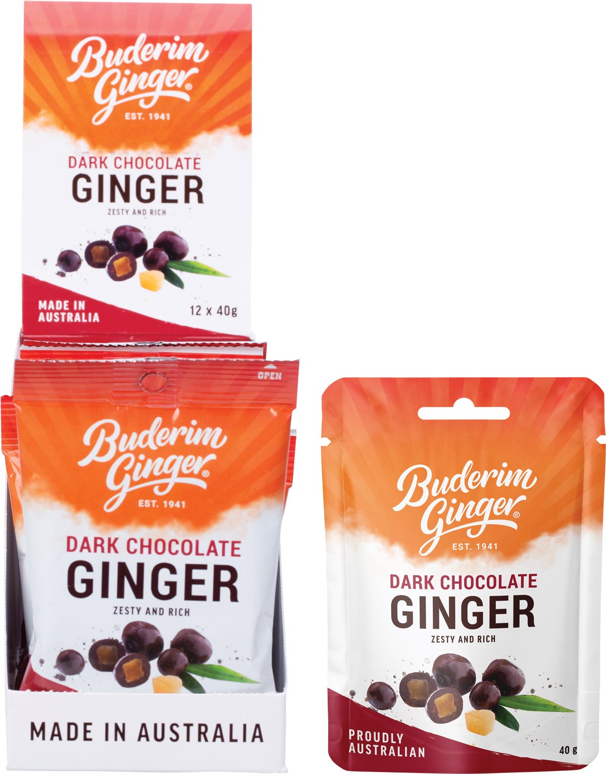 Buderim Ginger 40g dark chocolate ginger bar and 12-pack box with a zesty and rich flavor profile.