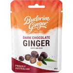 Buderim Ginger 40g dark chocolate ginger snack pack with zesty and rich flavor, shown on a white background.