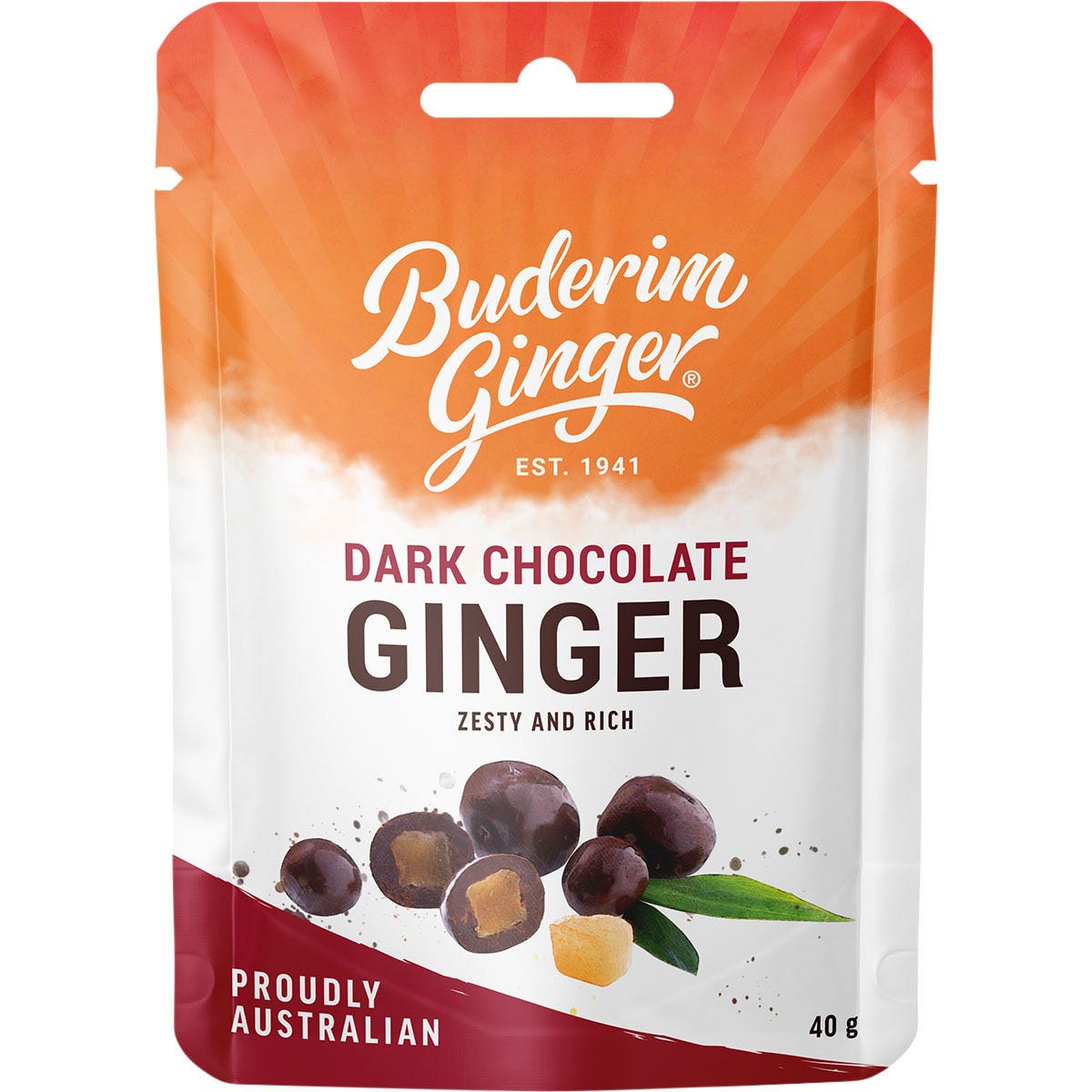 Buderim Ginger 40g dark chocolate ginger snack pack with zesty and rich flavor, shown on a white background.