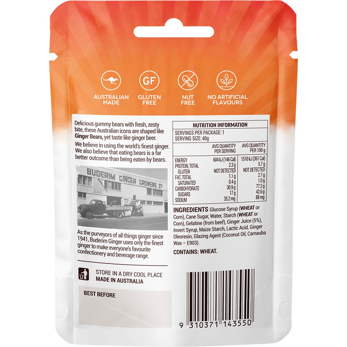 Side view of a 12-pack display box of Buderim Ginger Ginger Bears 40g snack bags on a white background.