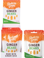 Pack of 12 Buderim Ginger Ginger Bears 40g snack bags featuring a green and orange design with a cartoon bear.