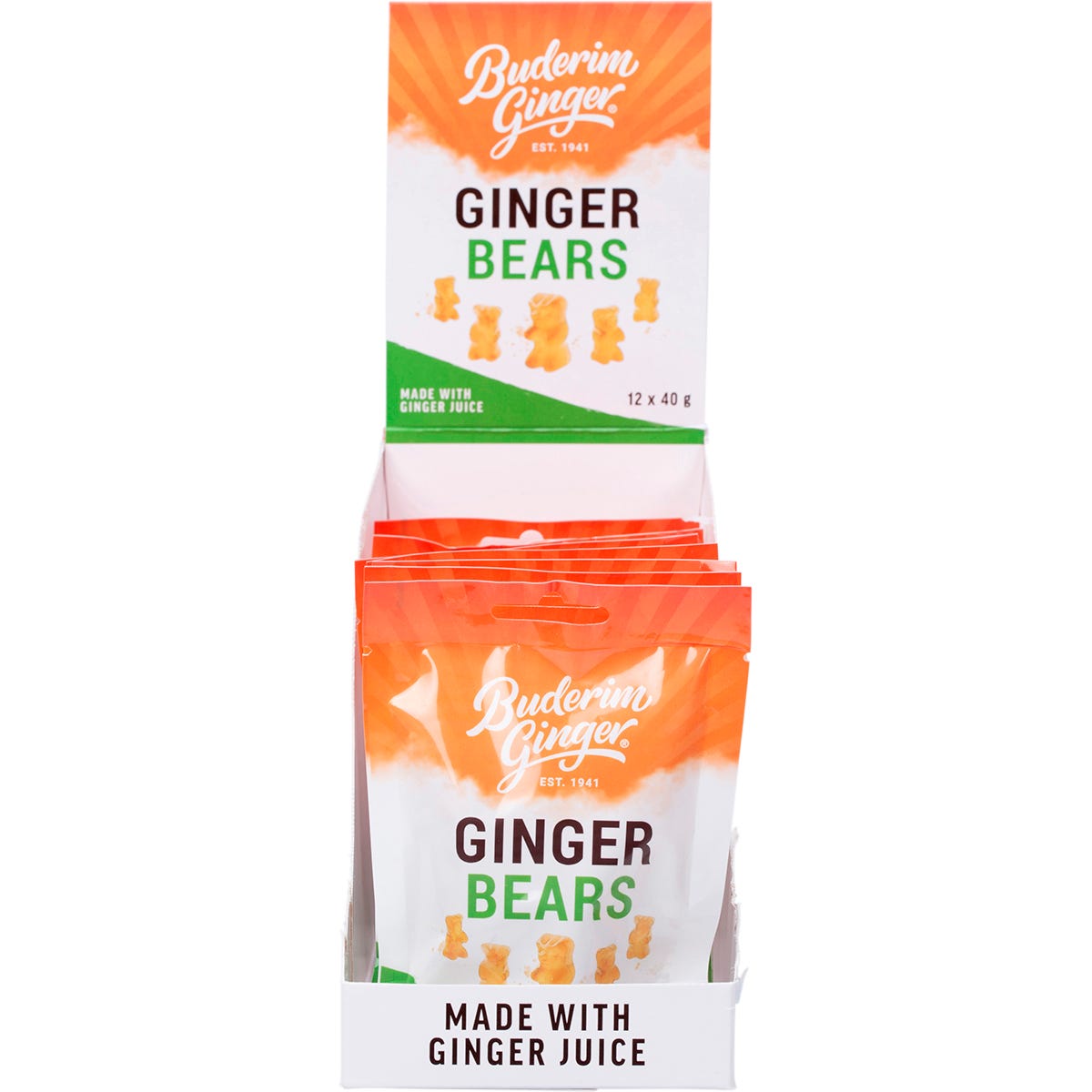Back of Buderim Ginger Ginger Bears 40g snack bag with nutrition facts, ingredients, and storage information.