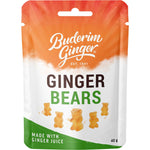 Buderim Ginger Ginger Bears 40g snack bag with a green and orange design and a cartoon bear on a white background.