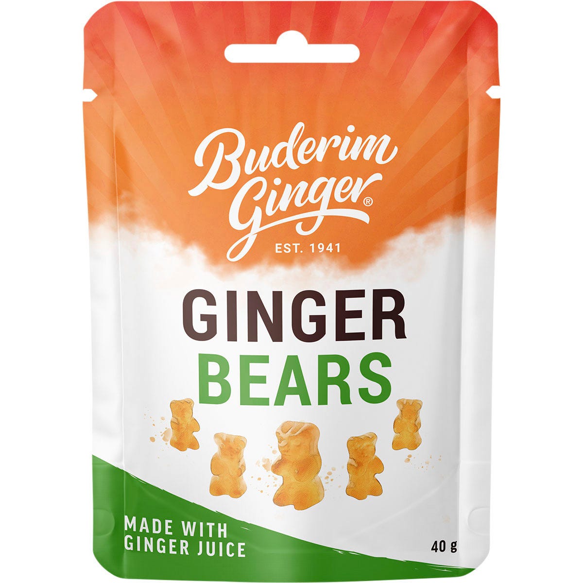 Buderim Ginger Ginger Bears 40g snack bag with a green and orange design and a cartoon bear on a white background.