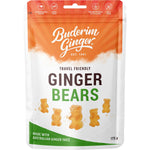 175g bag of Buderim Ginger Ginger Bears with chewy, bear-shaped ginger jubes on a white background.