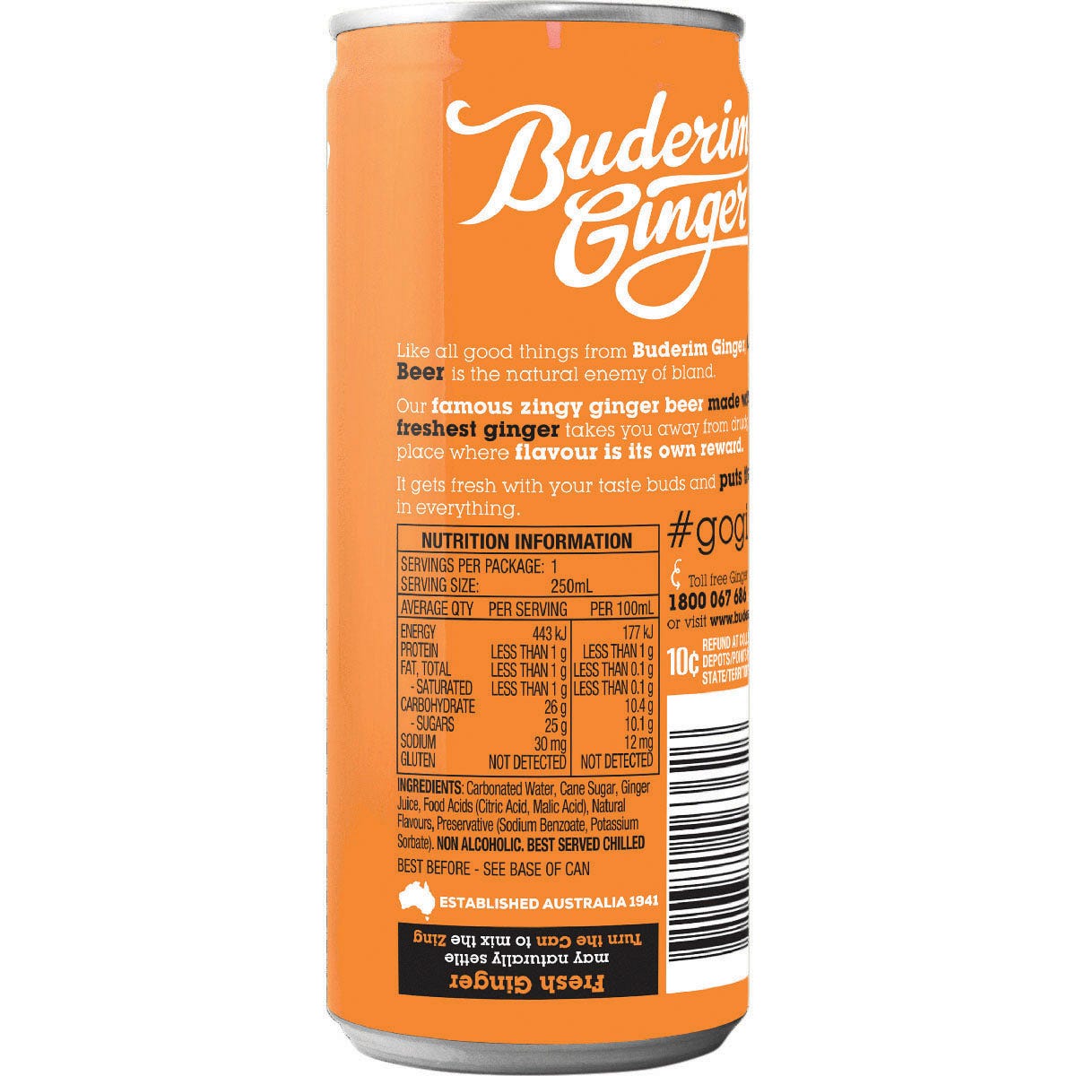 Buderim Ginger non-alcoholic ginger beer bottle with a white and gold label on a clean white background.