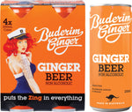 Pack of four 250ml glass bottles of Buderim Ginger non-alcoholic ginger beer in a cardboard carrier.