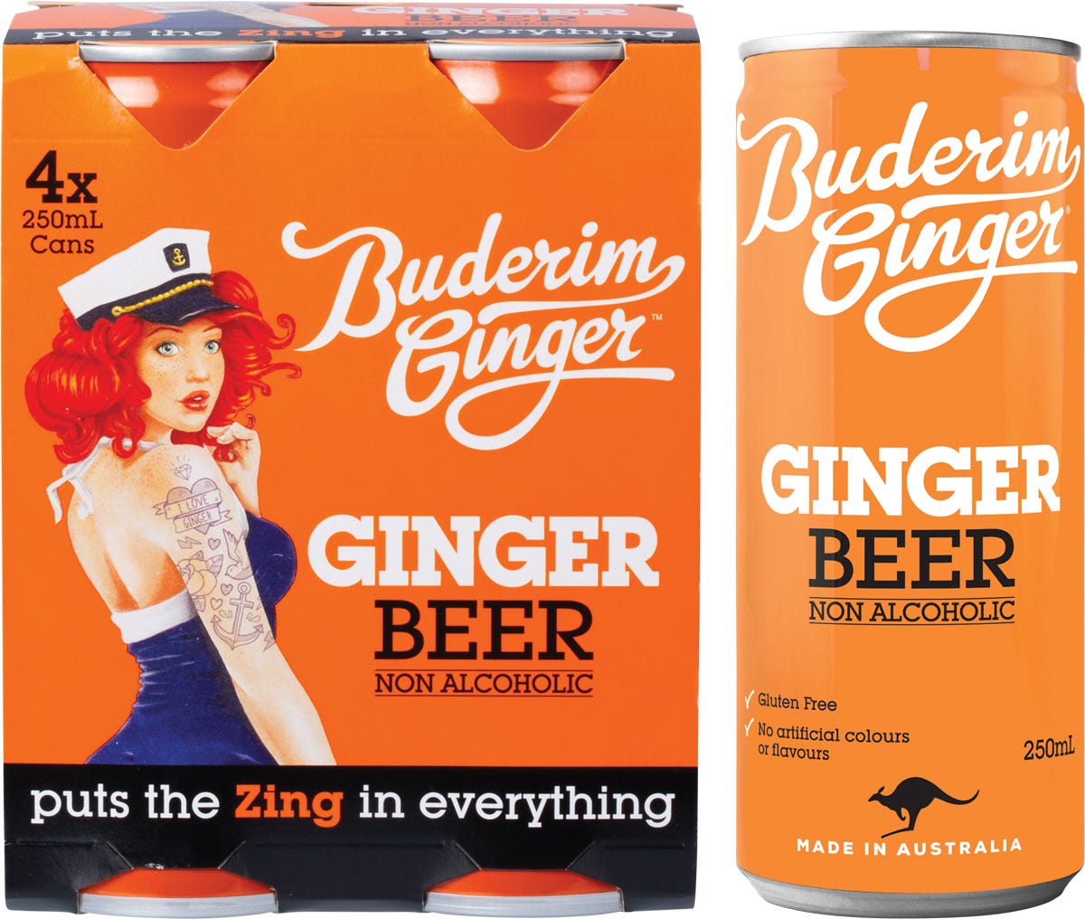 Pack of four 250ml glass bottles of Buderim Ginger non-alcoholic ginger beer in a cardboard carrier.