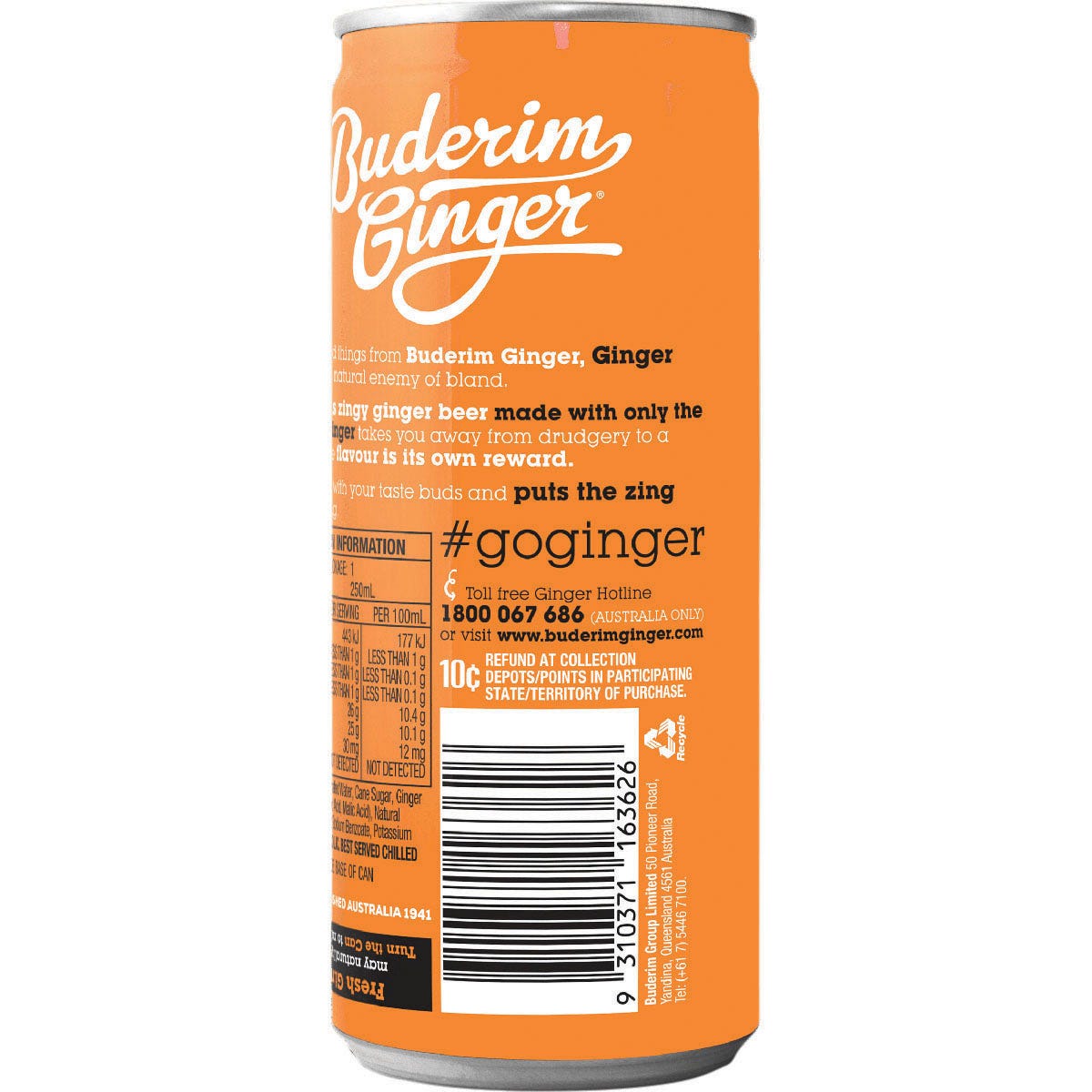 Buderim Ginger non-alcoholic ginger beer bottle with a white and gold label on a clean white background.