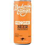 Buderim Ginger non-alcoholic ginger beer in a 250ml glass bottle with a white and gold label.