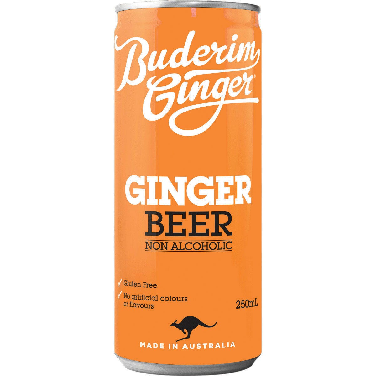 Buderim Ginger non-alcoholic ginger beer in a 250ml glass bottle with a white and gold label.