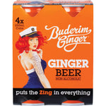 Back of a 250ml Buderim Ginger Beer bottle showing nutritional facts, ingredients, and product information.