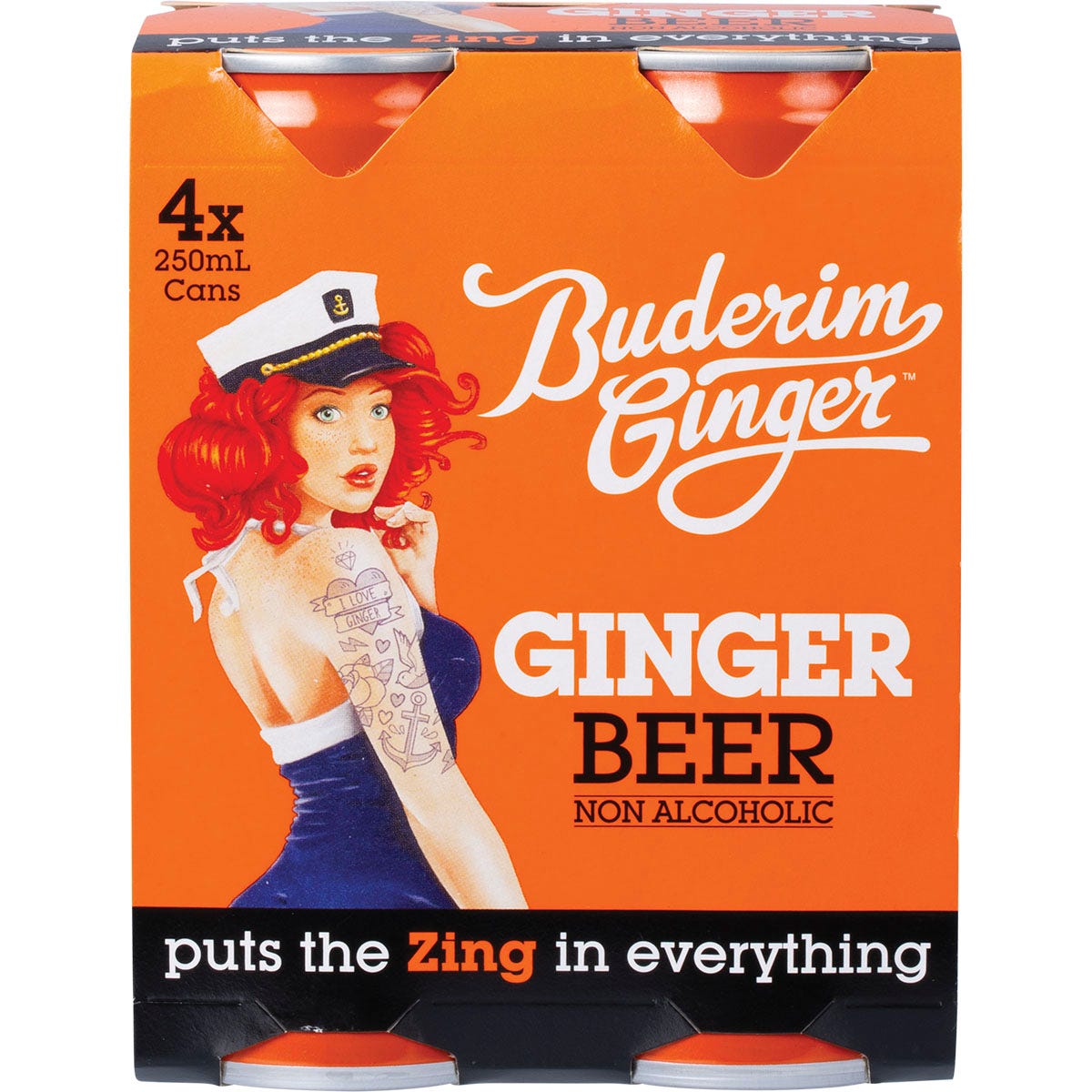 Back of a 250ml Buderim Ginger Beer bottle showing nutritional facts, ingredients, and product information.