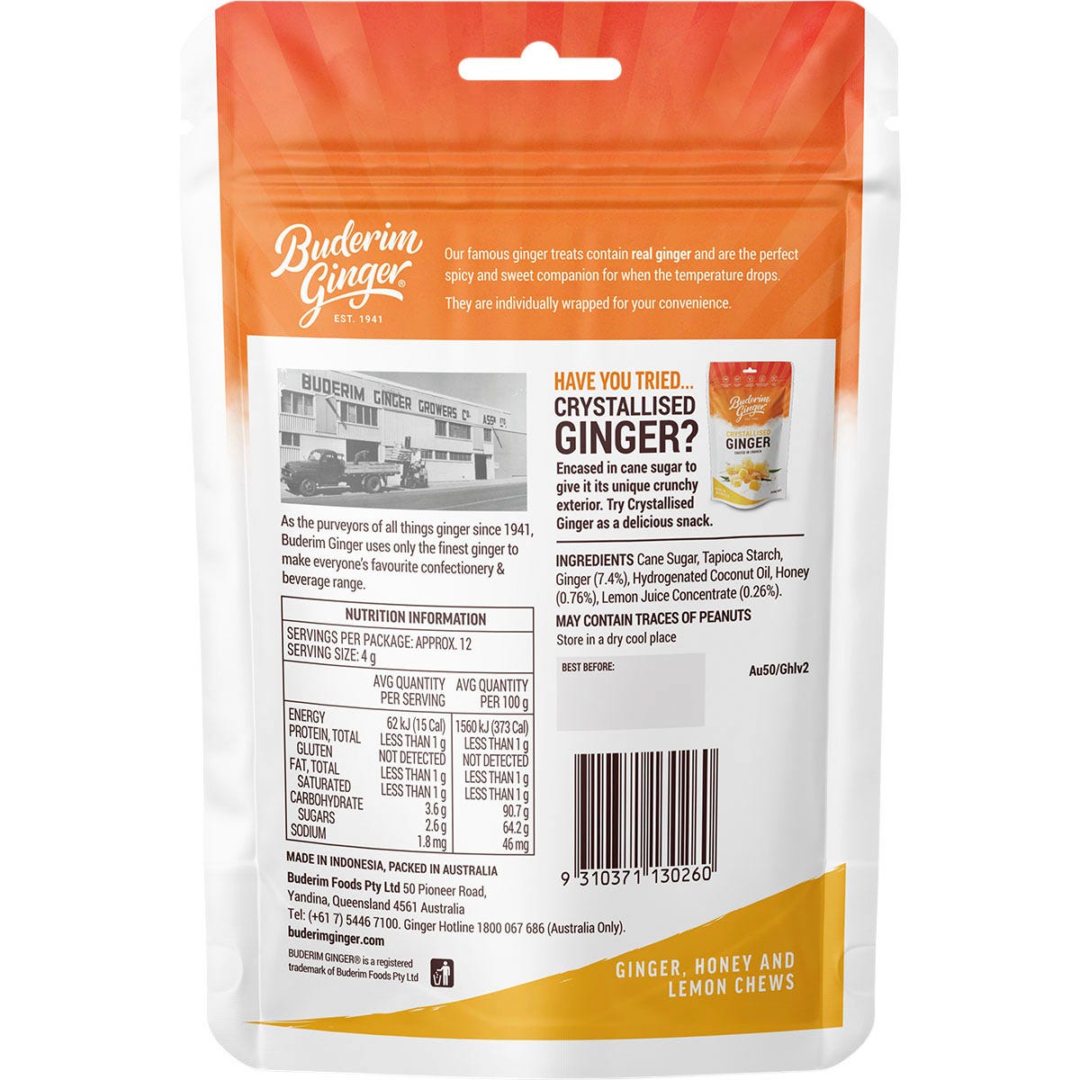 Buderim Ginger Honey and Lemon Chews 50g bag showing individually wrapped yellow ginger candies.