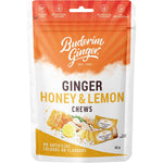 50g bag of Buderim Ginger Honey and Lemon Chews with a yellow and green label on a white background.