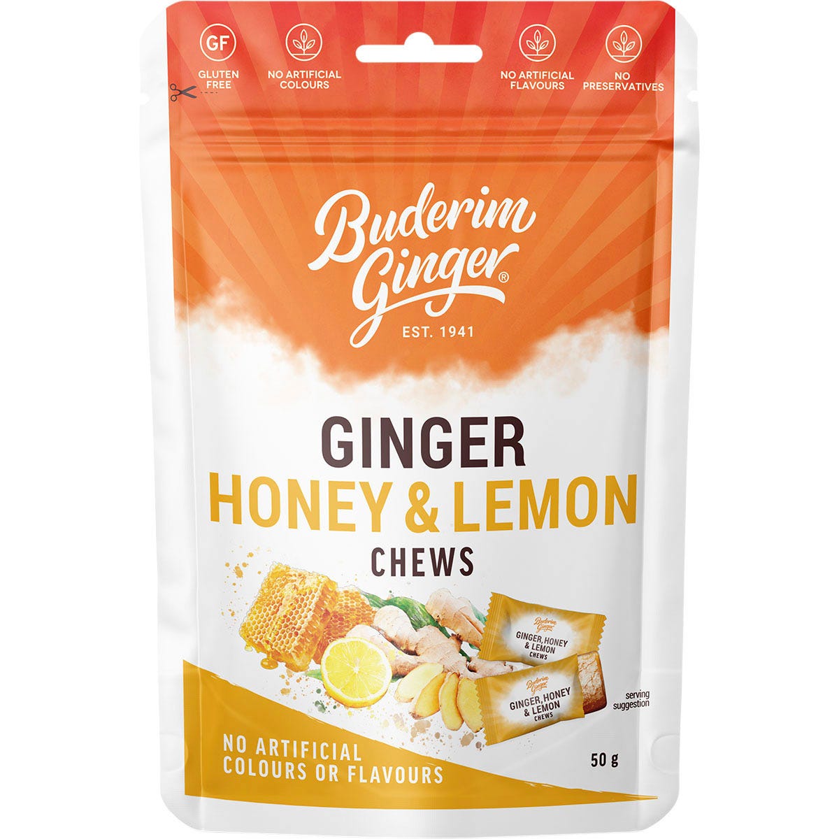50g bag of Buderim Ginger Honey and Lemon Chews with a yellow and green label on a white background.