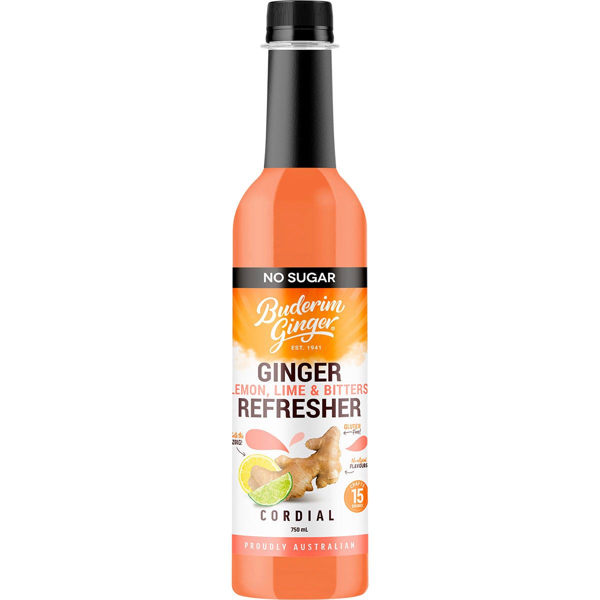 Buderim Ginger no sugar ginger, lemon, lime and bitters refresher cordial in a 750ml glass bottle.