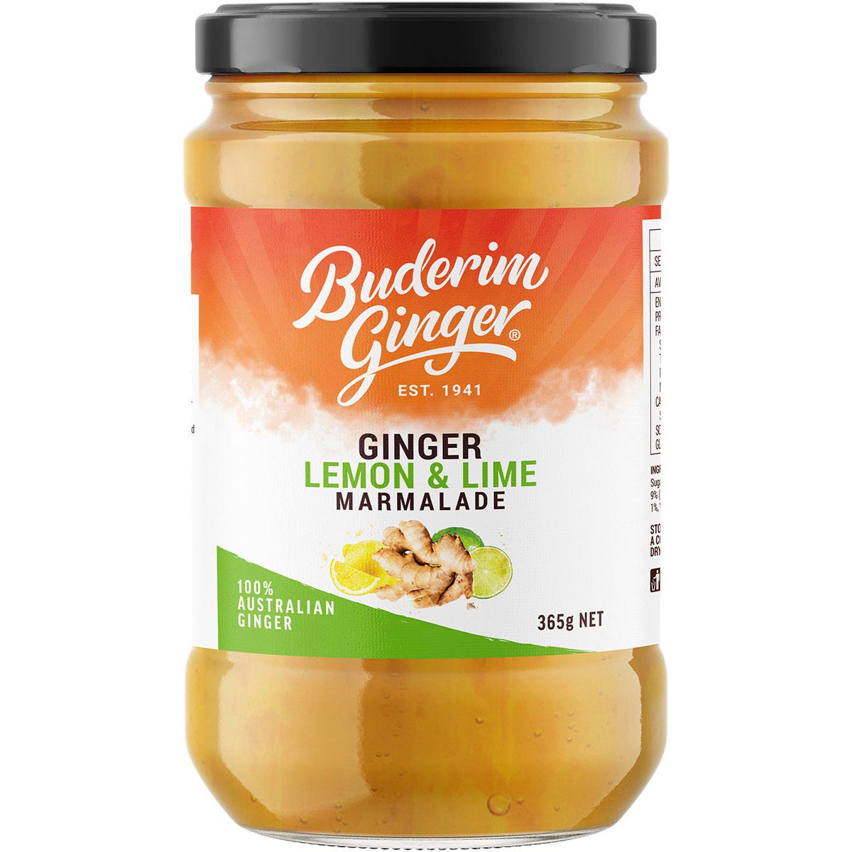 365g jar of Buderim Ginger Lemon and Lime Marmalade featuring a yellow and green label with citrus illustrations.