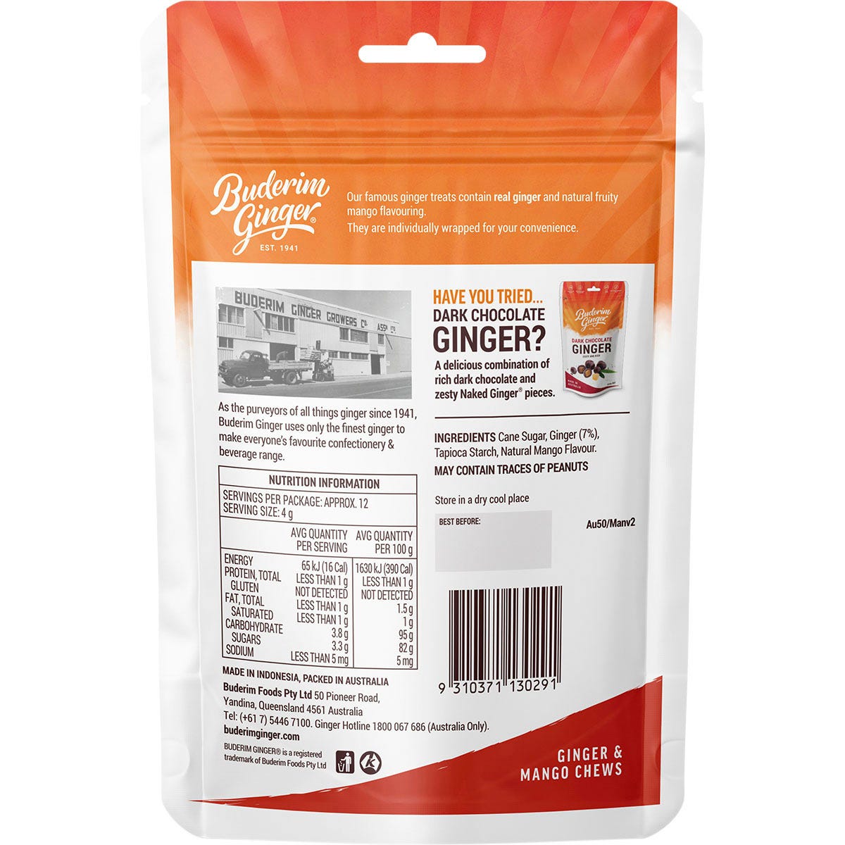 50g pack of Buderim Ginger and Mango Chews with fresh ginger and mango graphics on a yellow and orange background.