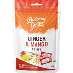 50g pack of Buderim Ginger and Mango Chews with images of ginger and mango on a yellow and orange label.