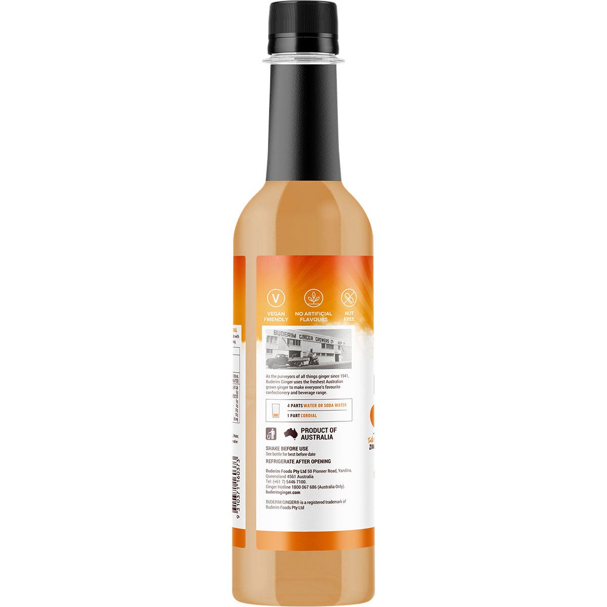 Buderim Ginger Ginger Refresher Cordial 750ml glass bottle with a yellow and green label on a white background.