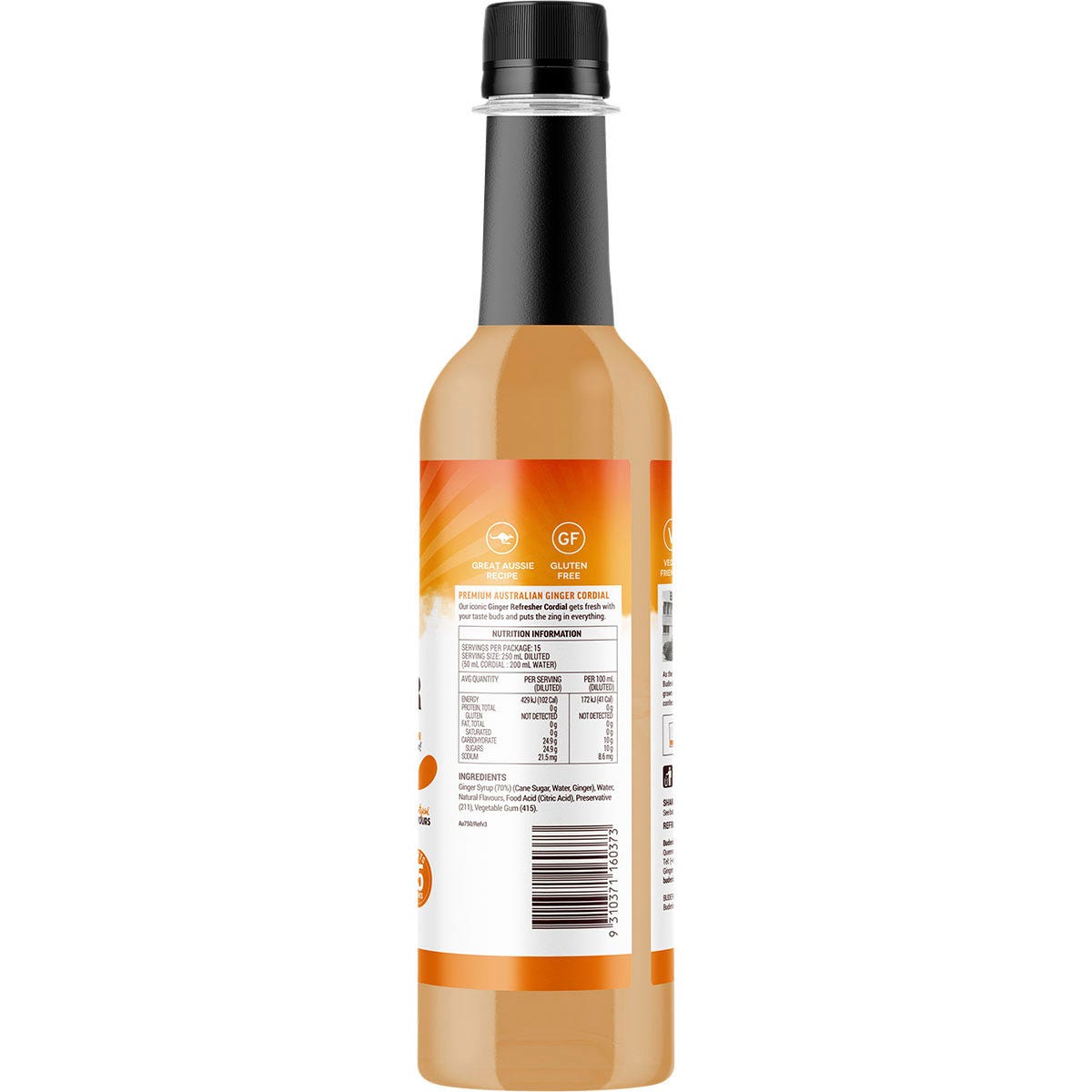 750ml glass bottle of Buderim Ginger Refresher Cordial with a yellow and green label on a white background.