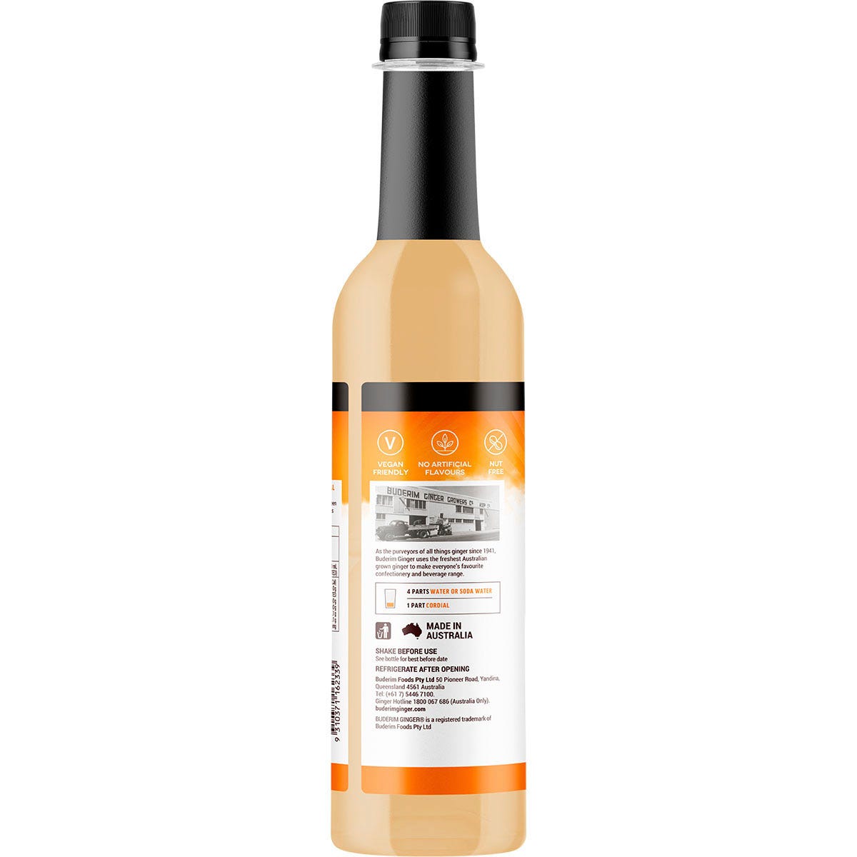 Side view of a 750ml bottle of Buderim Ginger No Sugar Ginger Refresher Cordial with a white and green label.