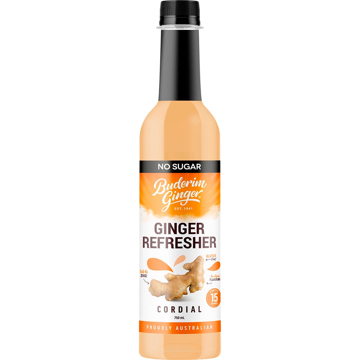 750ml bottle of Buderim Ginger No Sugar Ginger Refresher Cordial with a white and green label.