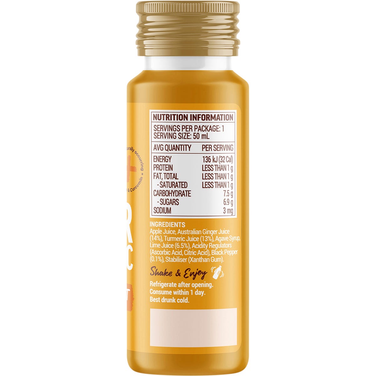Back of a Buderim Ginger & Turmeric Wellness Shot 50ml bottle showing the nutritional information and ingredients list.