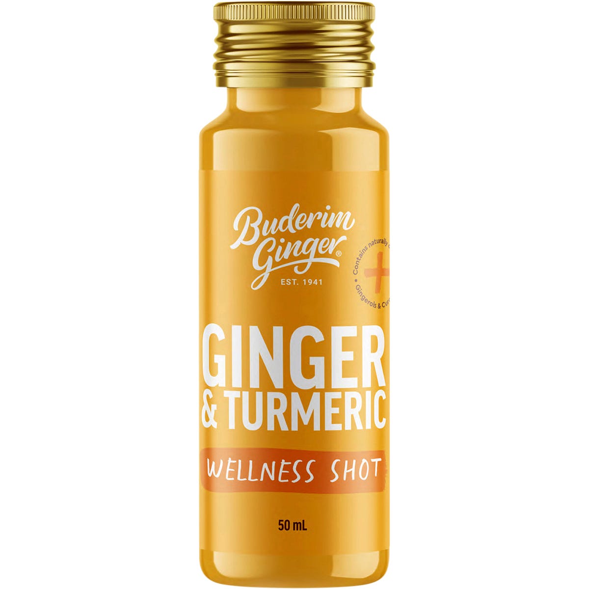 Ten-pack of Buderim Ginger & Turmeric Wellness Shots in 50ml bottles featuring Australian ginger and turmeric.