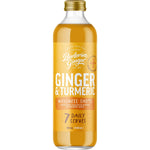 Buderim Ginger & Turmeric Wellness Shots 350ml glass bottle with a yellow and orange label on a white background.