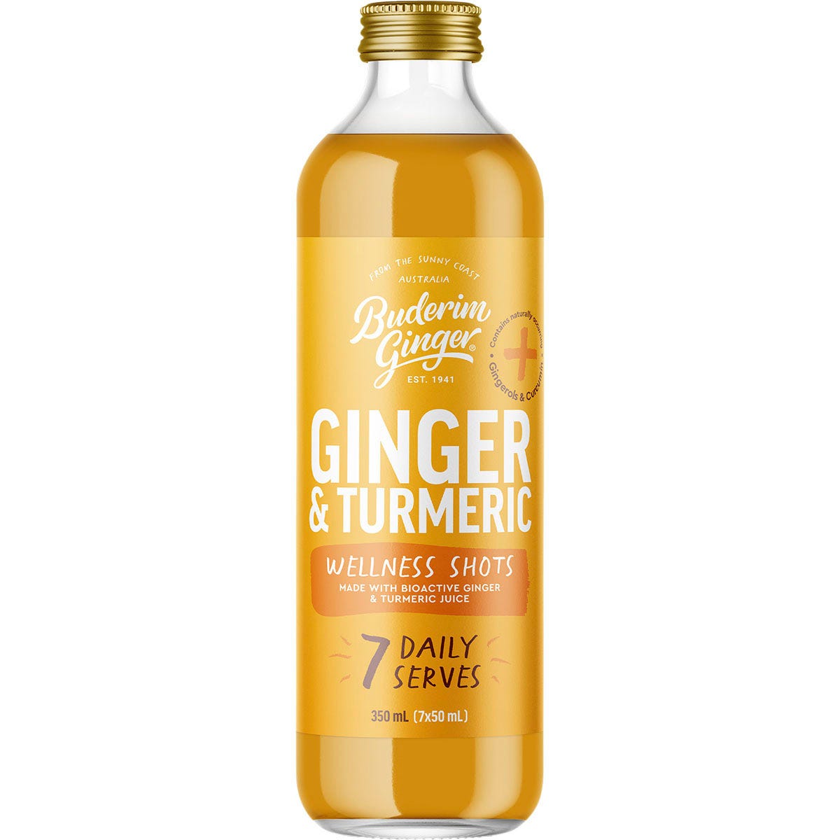 Buderim Ginger & Turmeric Wellness Shots 350ml glass bottle with a yellow and orange label on a white background.