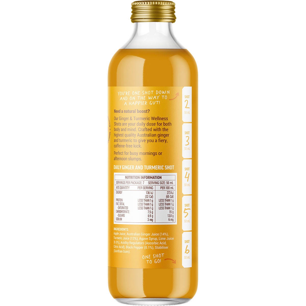 Back of a 350ml Buderim Ginger Wellness Shots bottle showing ingredients, nutritional information, and storage directions.