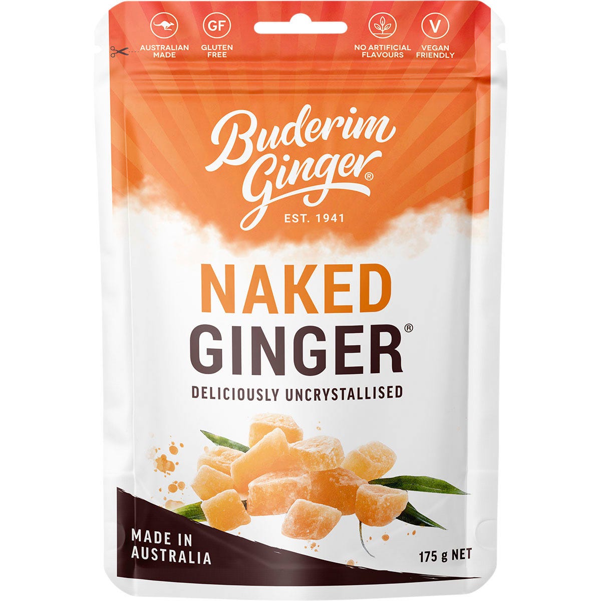 Buderim Ginger Naked Ginger 175g bag with golden uncrystallised ginger pieces and a white and yellow label.