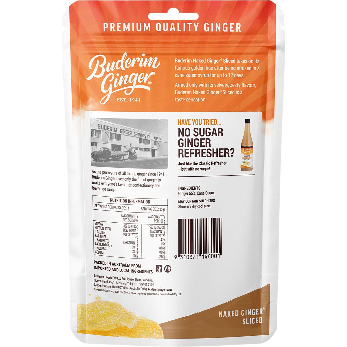 Golden pieces of Buderim Naked Ginger Sliced on a clean white background.
