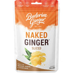 350g resealable pouch of Buderim Ginger Naked Ginger Sliced, featuring golden ginger pieces on a white background.