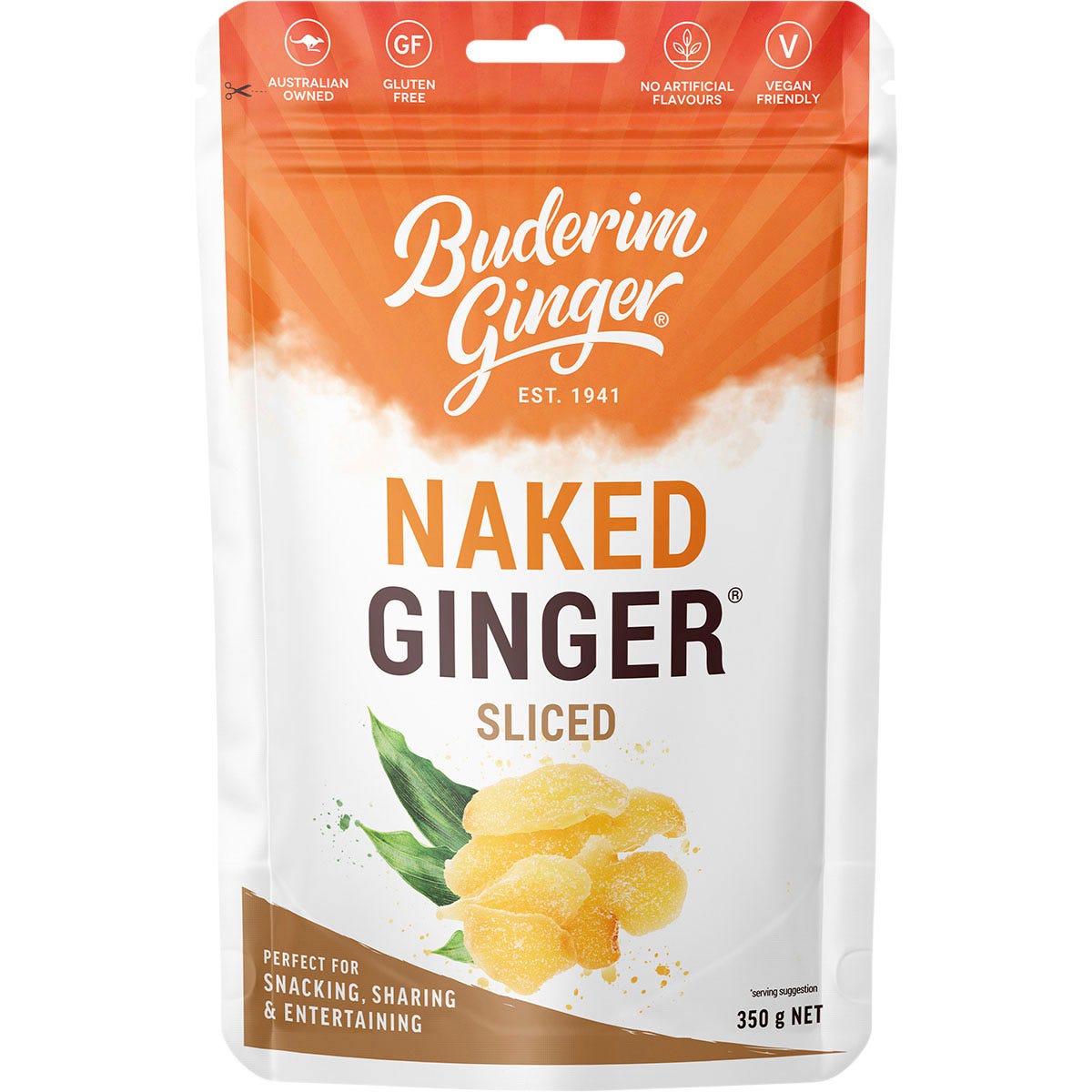 350g resealable pouch of Buderim Ginger Naked Ginger Sliced, featuring golden ginger pieces on a white background.