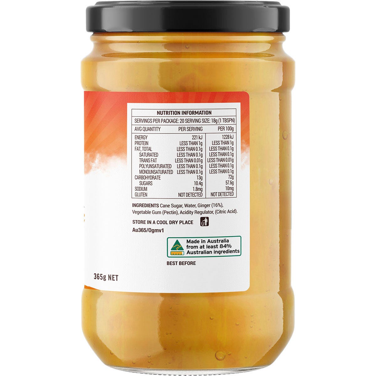 365g jar of Buderim Ginger Original Ginger Marmalade with a gold label on a white background.