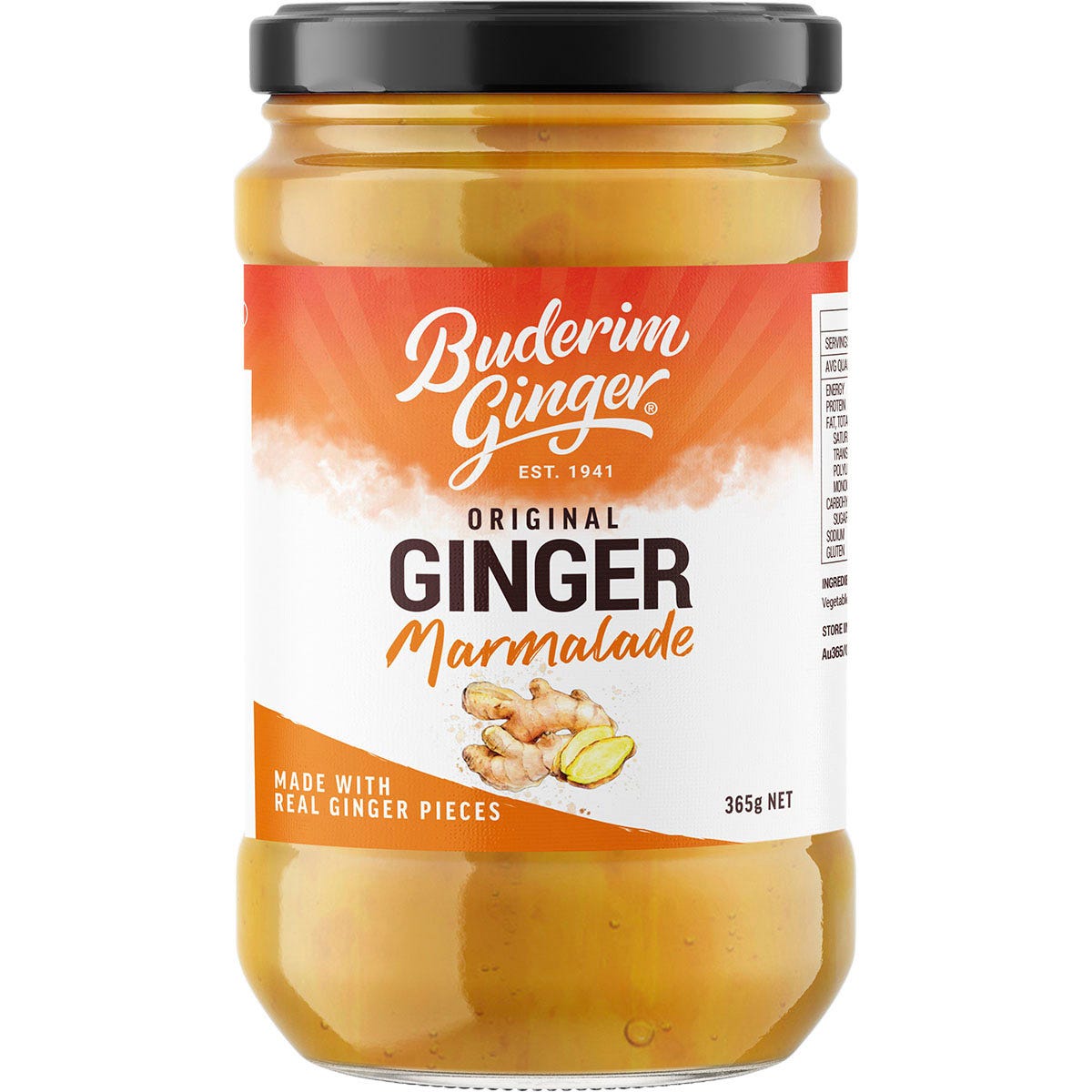 365g jar of Buderim Ginger Original Ginger Marmalade with a golden label on a white background.