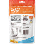Back of Buderim Ginger Reduced Sugar 125g bag showing nutrition facts, ingredients, and Australian made logo.