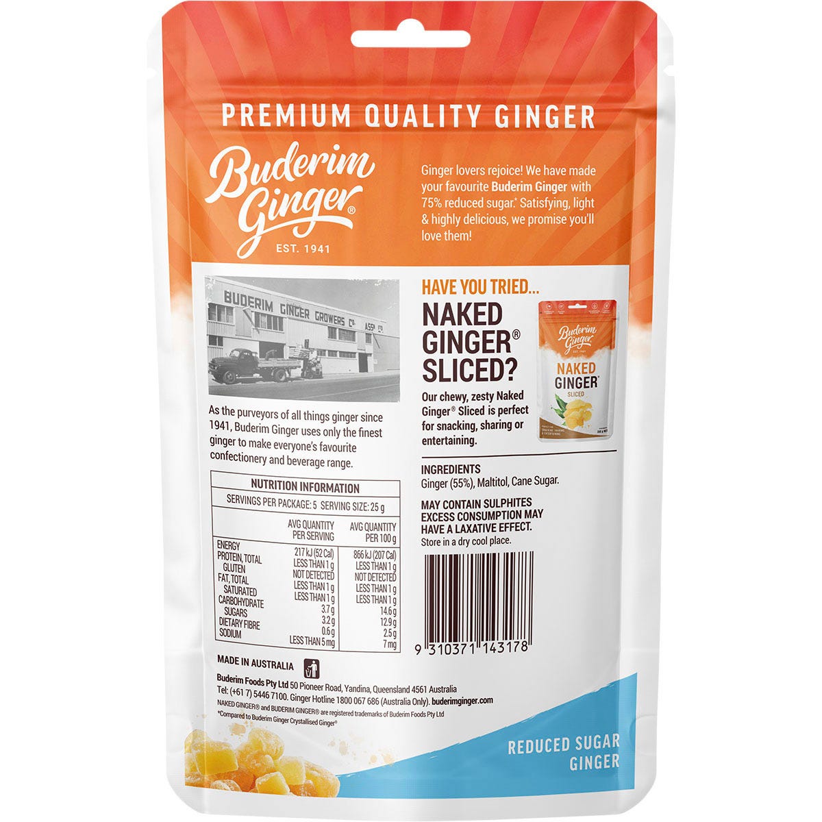 Back of Buderim Ginger Reduced Sugar 125g bag showing nutrition facts, ingredients, and Australian made logo.