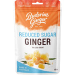 Buderim Ginger Reduced Sugar 125g bag with 75% less sugar, featuring pieces of zesty Australian ginger.