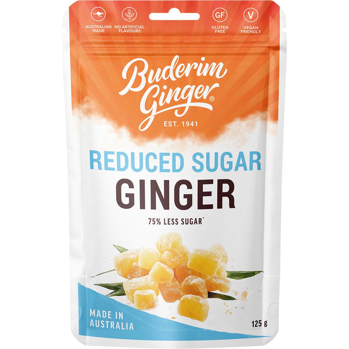 Buderim Ginger Reduced Sugar 125g bag with 75% less sugar, featuring pieces of zesty Australian ginger.