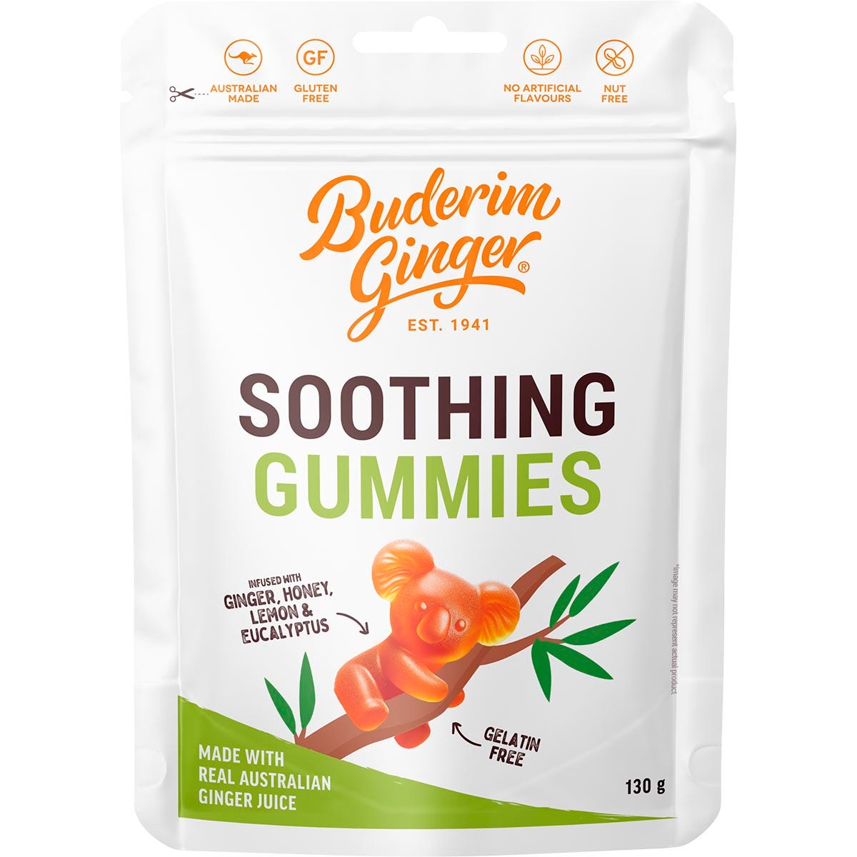 A 130g bag of Buderim Ginger Soothing Gummies featuring a koala and yellow lemon, honey, and ginger graphics.