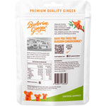 A 130g bag of Buderim Ginger Soothing Gummies with lemon, honey, and ginger on a white background.