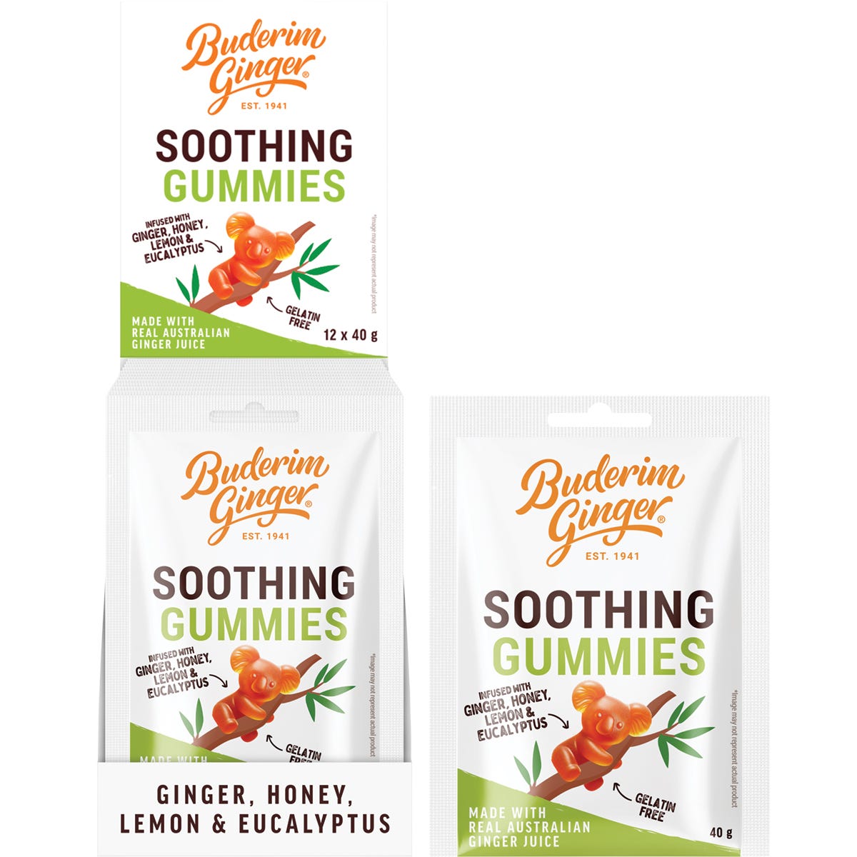 Box of 12 Buderim Ginger Soothing Gummies 40g packs featuring koala illustrations and real ginger juice.