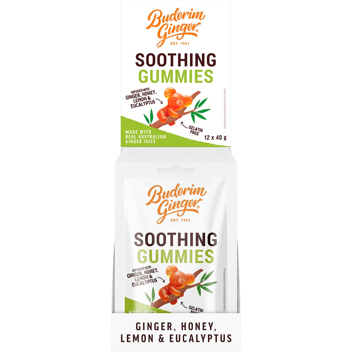 Side of Buderim Ginger Soothing Gummies box showing health benefits, koala illustration, and real ginger juice details.